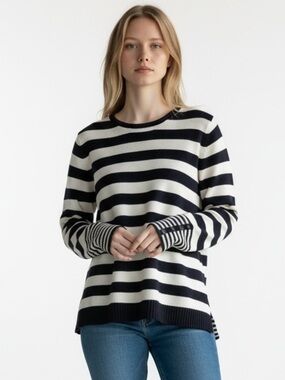Guide Series Striped Cotton Knit Sweater 3XL Navy Blue White Button